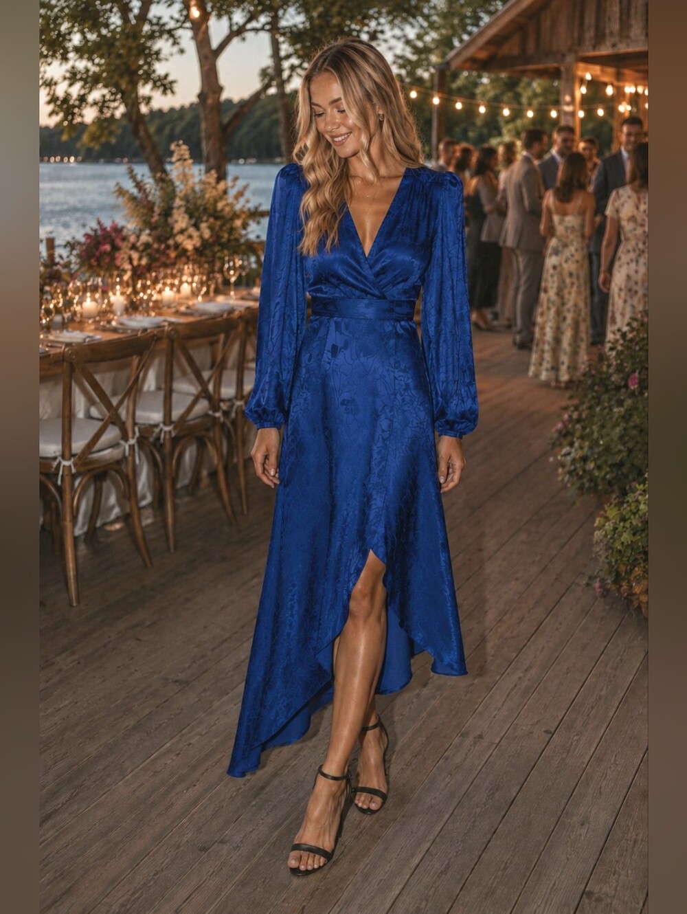 Ronny Koby Royal Sapphire Blue Satin-jacquard Faux Wrap Asymmetrical Dress